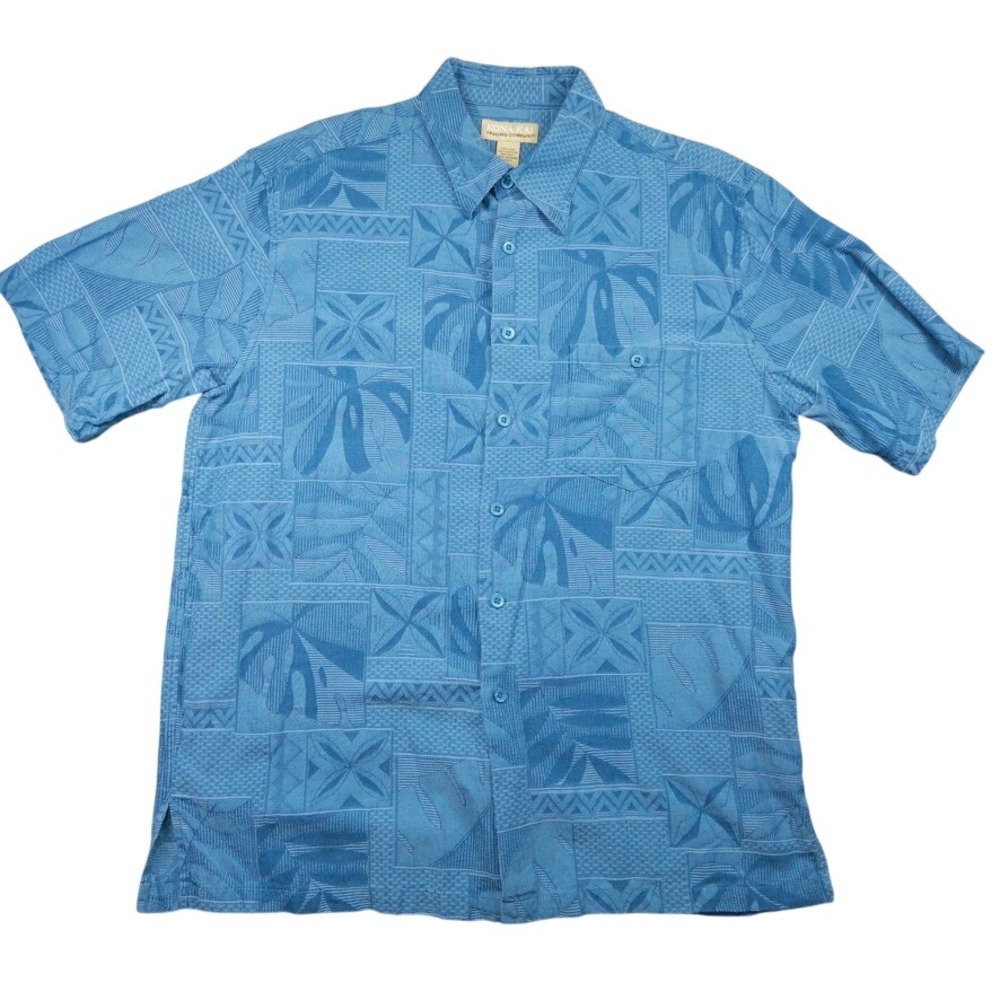 Kona Kai Trading Company Men Large Blue Silk Cotton Hawaiian Shirt Short Sleeve